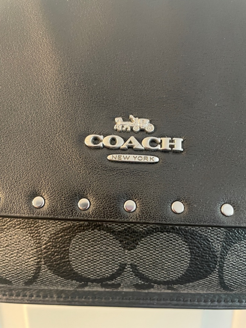 Coach Black Leather & Signature Canvas Chain Shoulder Bag with Silver Studs - Picture 7 of 17